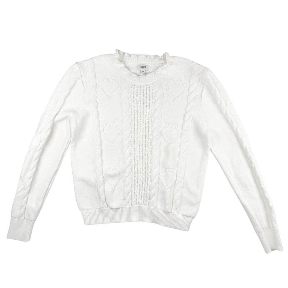 J.Crew Sweater‎ Women Medium White Heart Cable Knit Ruffle Neck Preppy Coquette - Picture 2 of 6